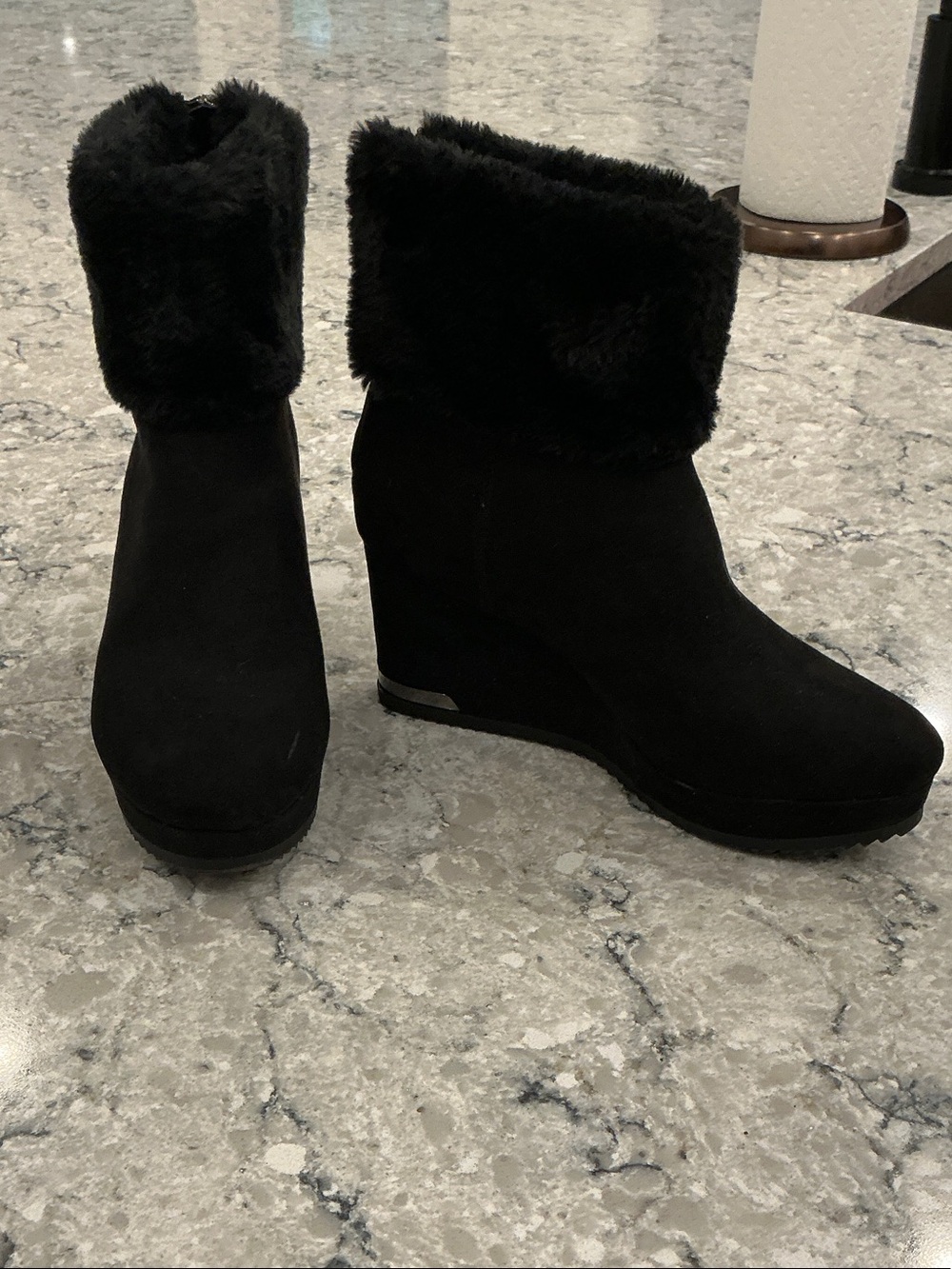 DKNY Black Faux Fur Cuff Wedge Boots